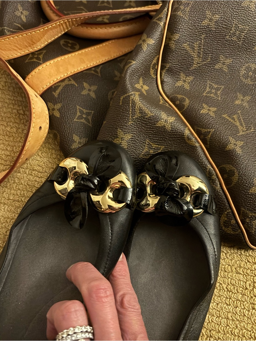 Stuart Weitzman Black Leather Flats with Gold Ring Detail
